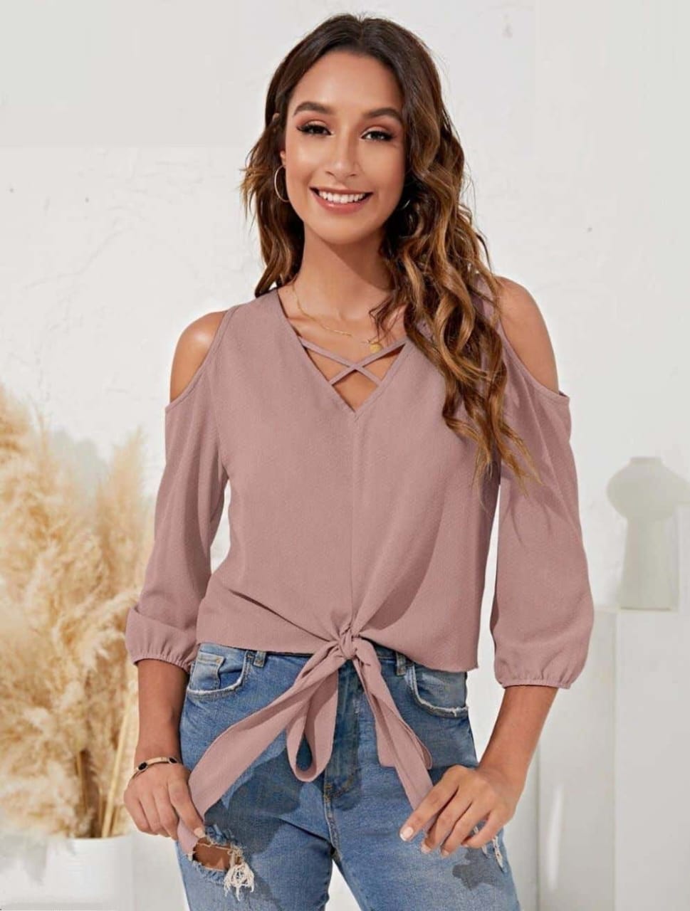 Women's cold shoulder Tie Front Knot Criss-Cross V-Neck Top, Solid Dusty Pink GEORGETTE