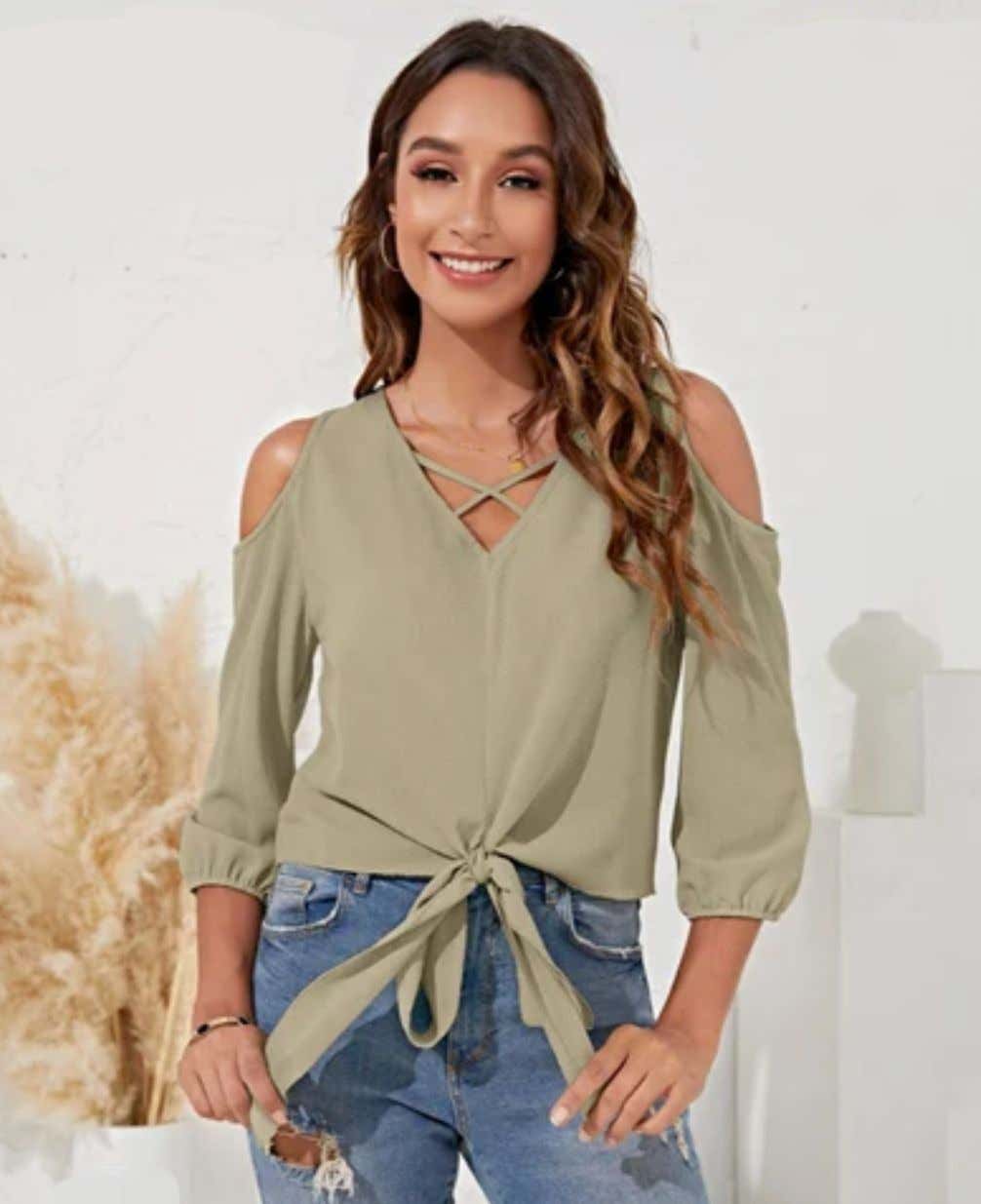 Women's cold shoulder Tie Front Knot Criss-Cross V-Neck Top, Solid OLIVE GREEN GEORGETTE