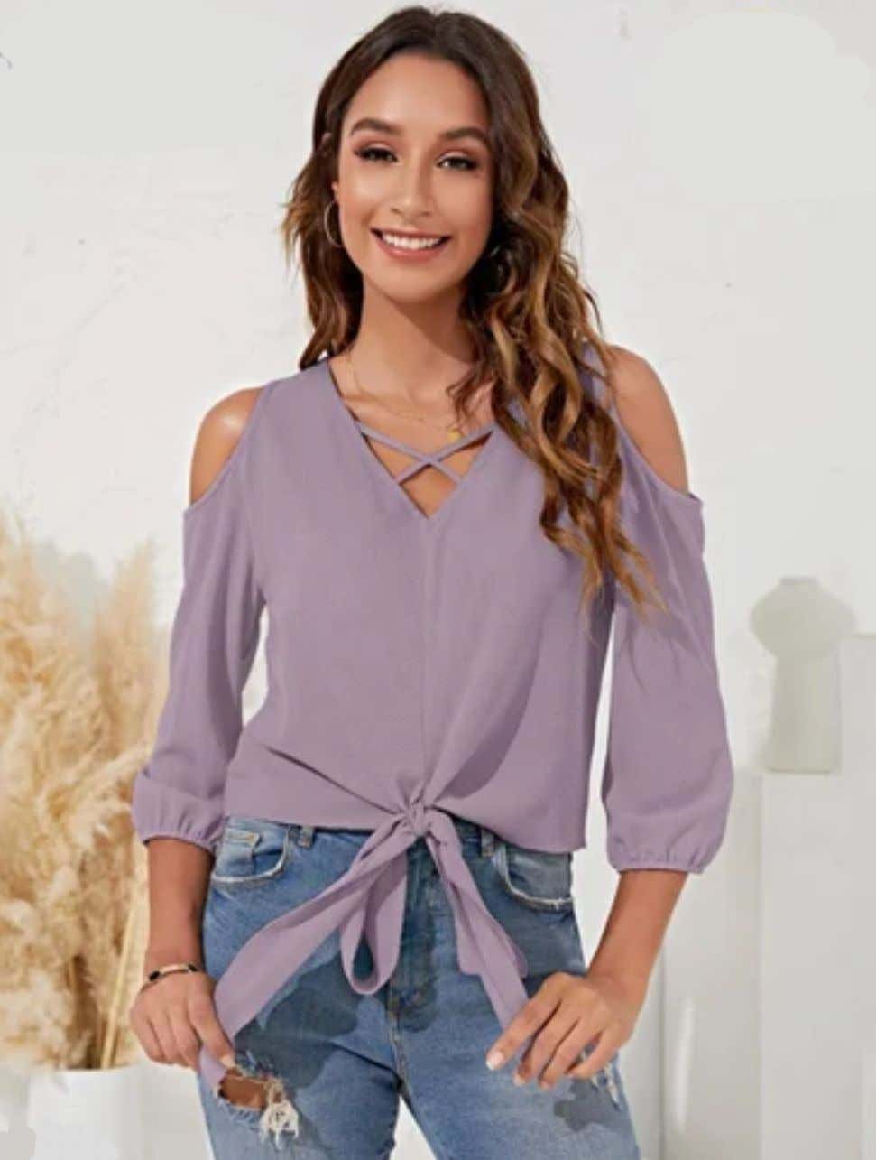 TRENDYBEE Women's cold shoulder Tie Front Knot Criss-Cross V-Neck Top, Solid LAVENDAR GEORGETTE